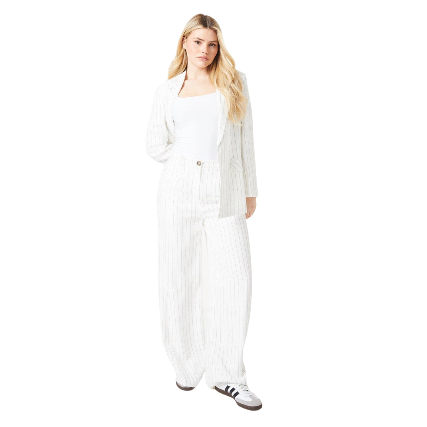 White - Side - Dorothy Perkins Womens-Ladies Linen-Look Striped Trousers