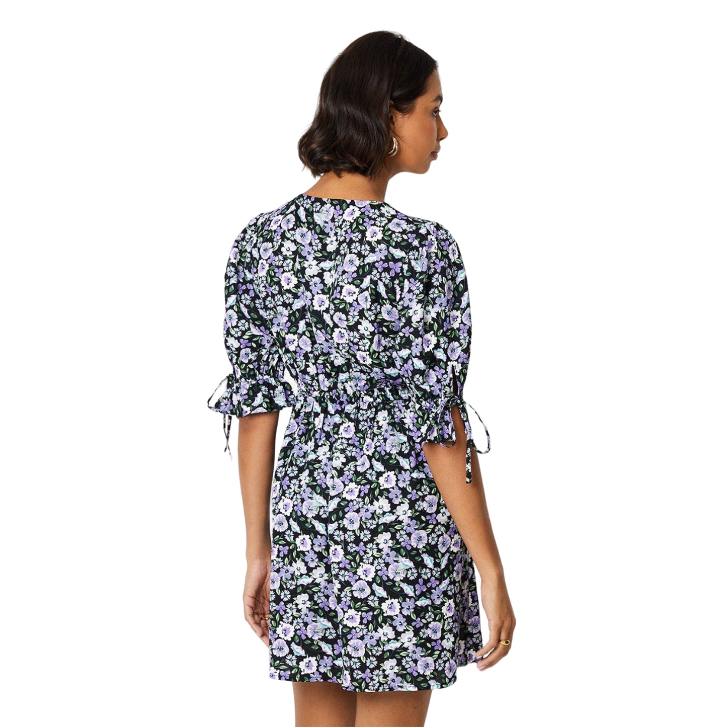 Blue - Back - Dorothy Perkins Womens-Ladies Empire Ditsy Print Tie Sleeves Mini Dress