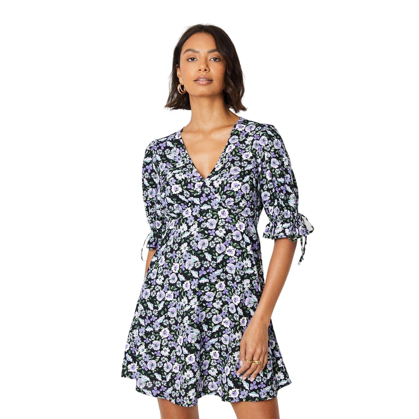 Blue - Front - Dorothy Perkins Womens-Ladies Empire Ditsy Print Tie Sleeves Mini Dress