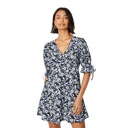 Blue - Front - Dorothy Perkins Womens-Ladies Empire Ditsy Print Tie Sleeves Mini Dress