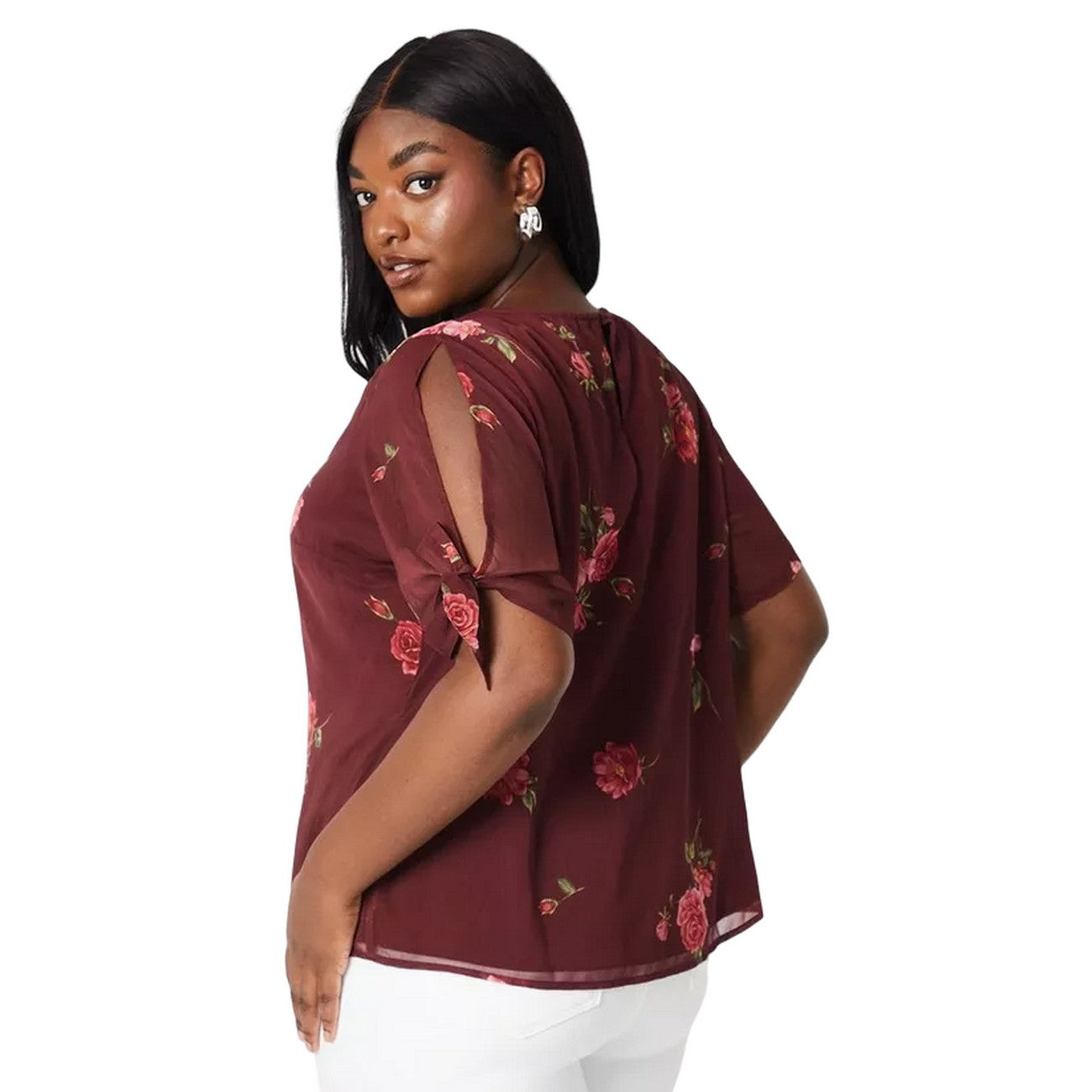 Burgundy - Back - Dorothy Perkins Womens-Ladies Floral Chiffon Plus Tie Sleeves Top