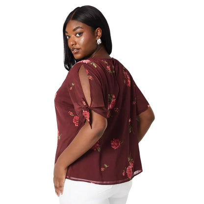 Burgundy - Back - Dorothy Perkins Womens-Ladies Floral Chiffon Plus Tie Sleeves Top