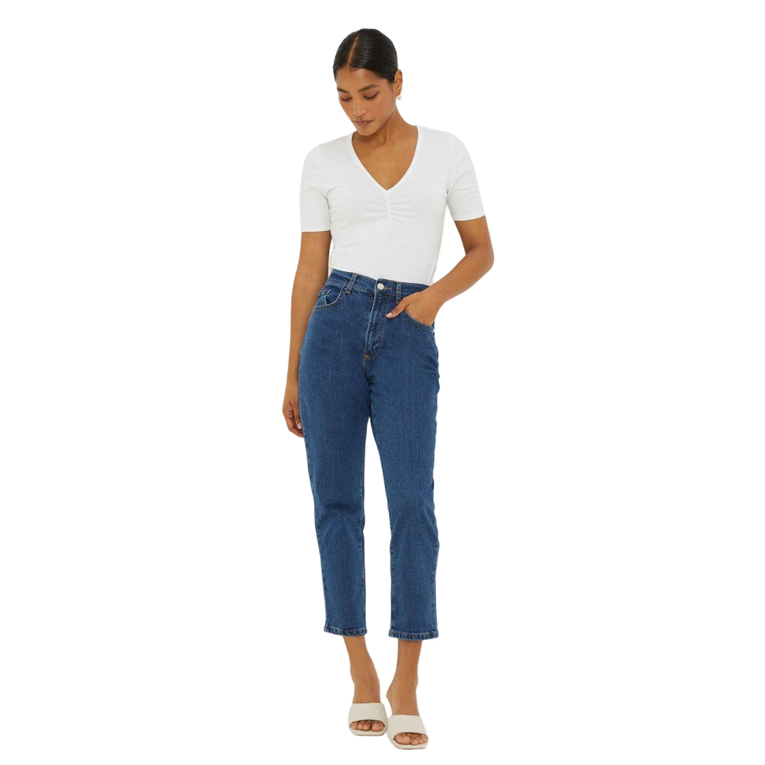 Dark Wash - Side - Dorothy Perkins Womens-Ladies Stretch Cropped Straight Jeans