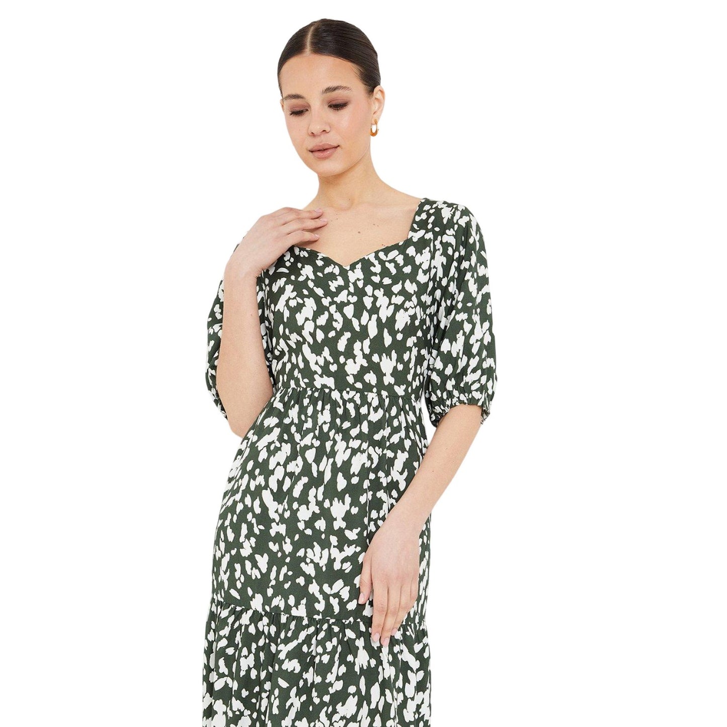 Khaki Green - Side - Dorothy Perkins Womens-Ladies Abstract Tiered Puff Sleeve Midi Dress