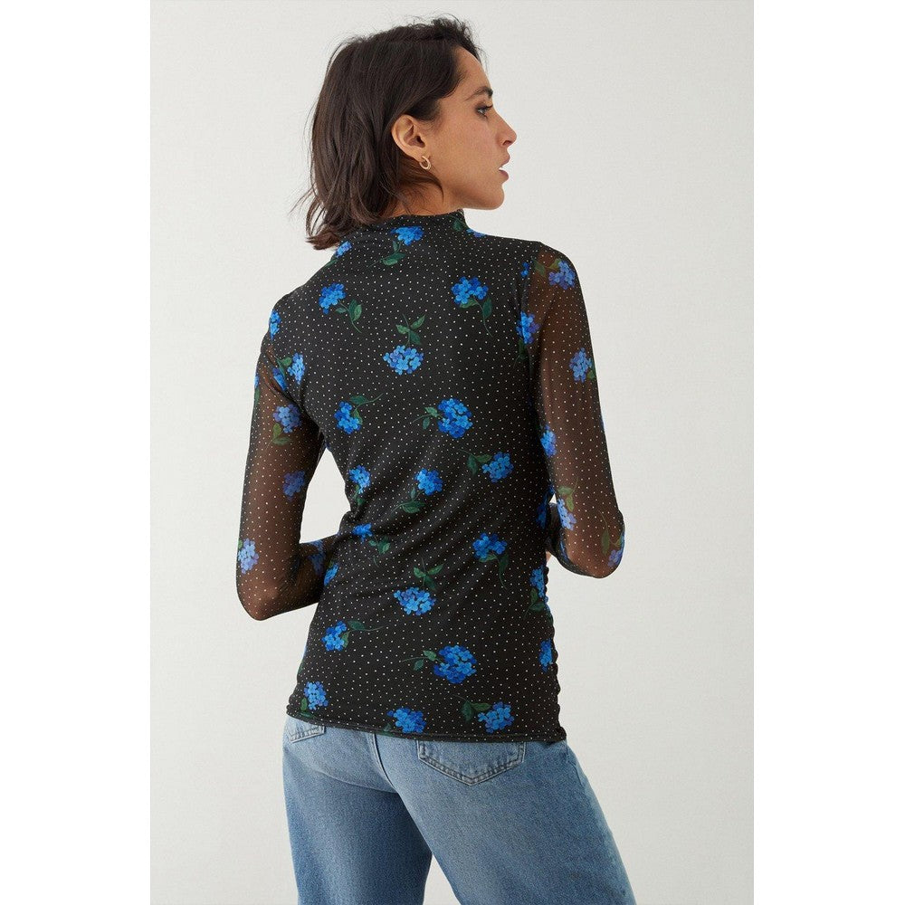 Blue-Black - Back - Dorothy Perkins Womens-Ladies Floral Mesh Crew Neck Tall Ruched Top