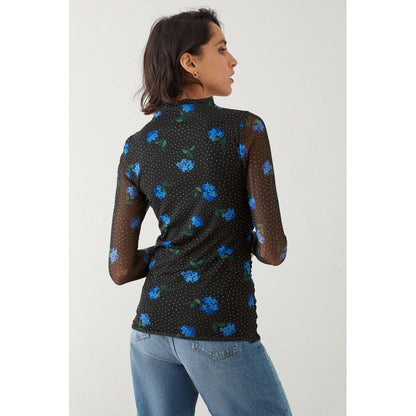 Blue-Black - Back - Dorothy Perkins Womens-Ladies Floral Mesh Crew Neck Tall Ruched Top