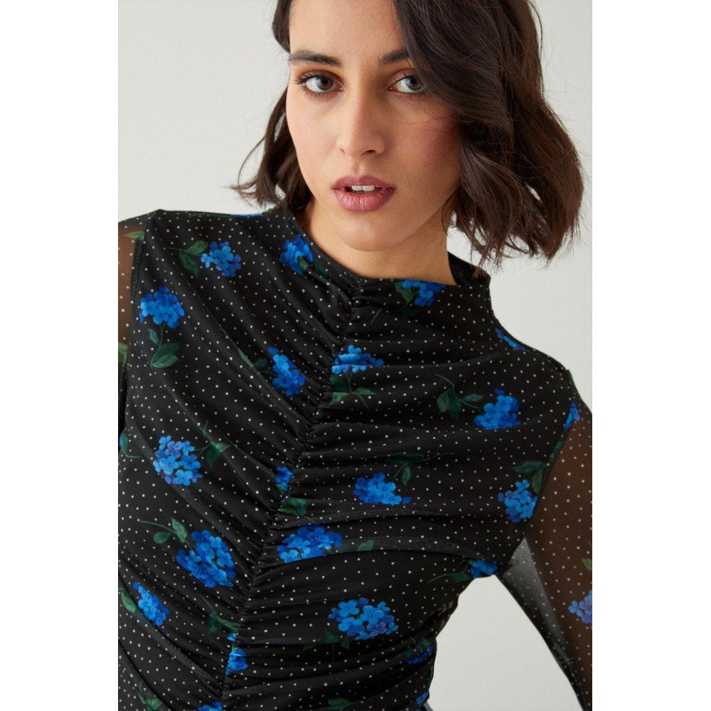 Blue-Black - Side - Dorothy Perkins Womens-Ladies Floral Mesh Crew Neck Tall Ruched Top