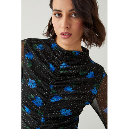 Blue-Black - Side - Dorothy Perkins Womens-Ladies Floral Mesh Crew Neck Tall Ruched Top