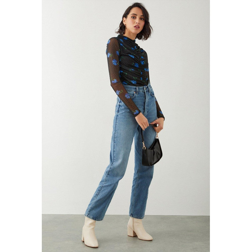 Blue-Black - Lifestyle - Dorothy Perkins Womens-Ladies Floral Mesh Crew Neck Tall Ruched Top