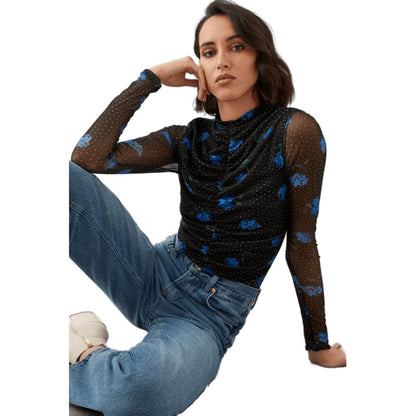 Blue-Black - Front - Dorothy Perkins Womens-Ladies Floral Mesh Crew Neck Tall Ruched Top