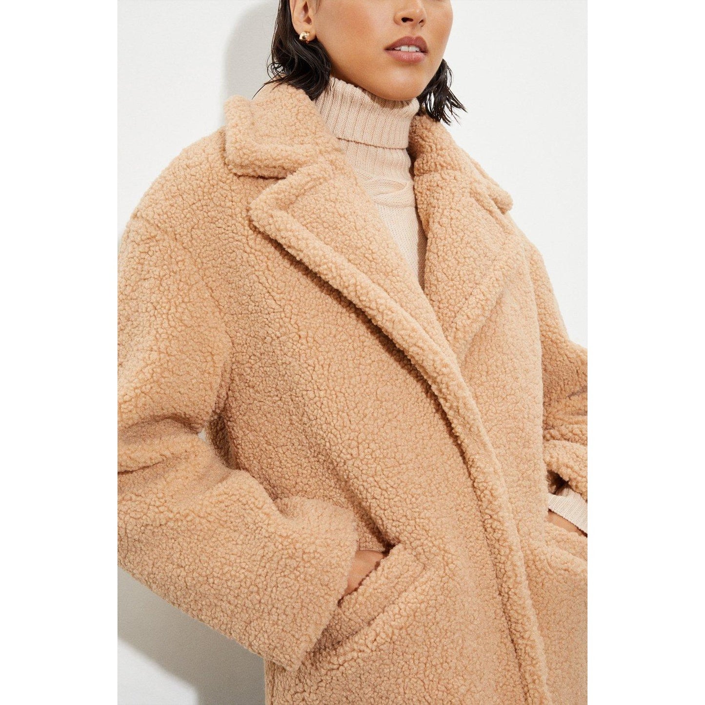 Camel - Side - Dorothy Perkins Womens-Ladies Short Teddy Fleece Tall Coat