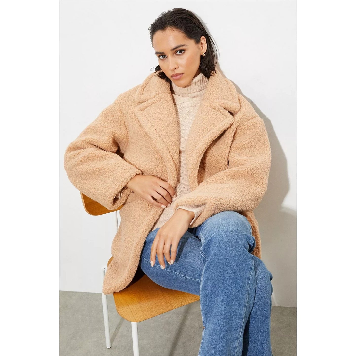 Camel - Pack Shot - Dorothy Perkins Womens-Ladies Short Teddy Fleece Tall Coat