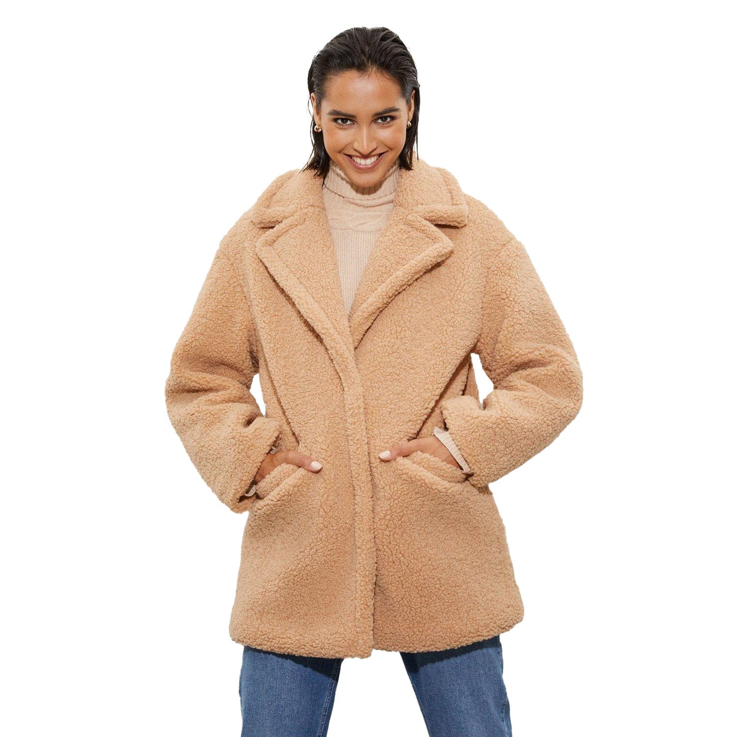 Camel - Front - Dorothy Perkins Womens-Ladies Short Teddy Fleece Tall Coat