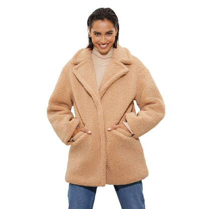 Camel - Front - Dorothy Perkins Womens-Ladies Short Teddy Fleece Tall Coat