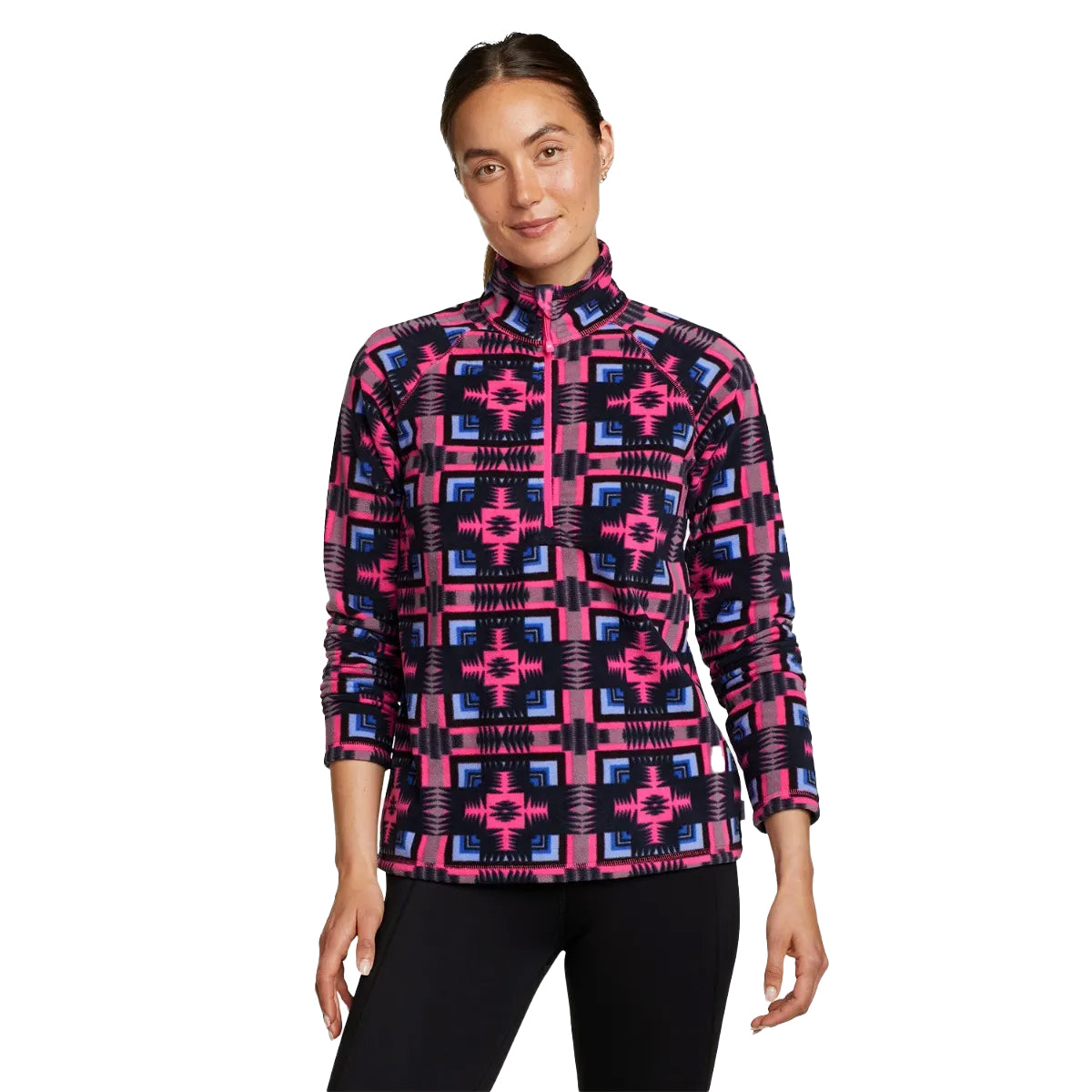 Dark Pink - Front - Eddie Bauer Womens-Ladies Quest Tile Print Quarter Zip Raglan Fleece Top