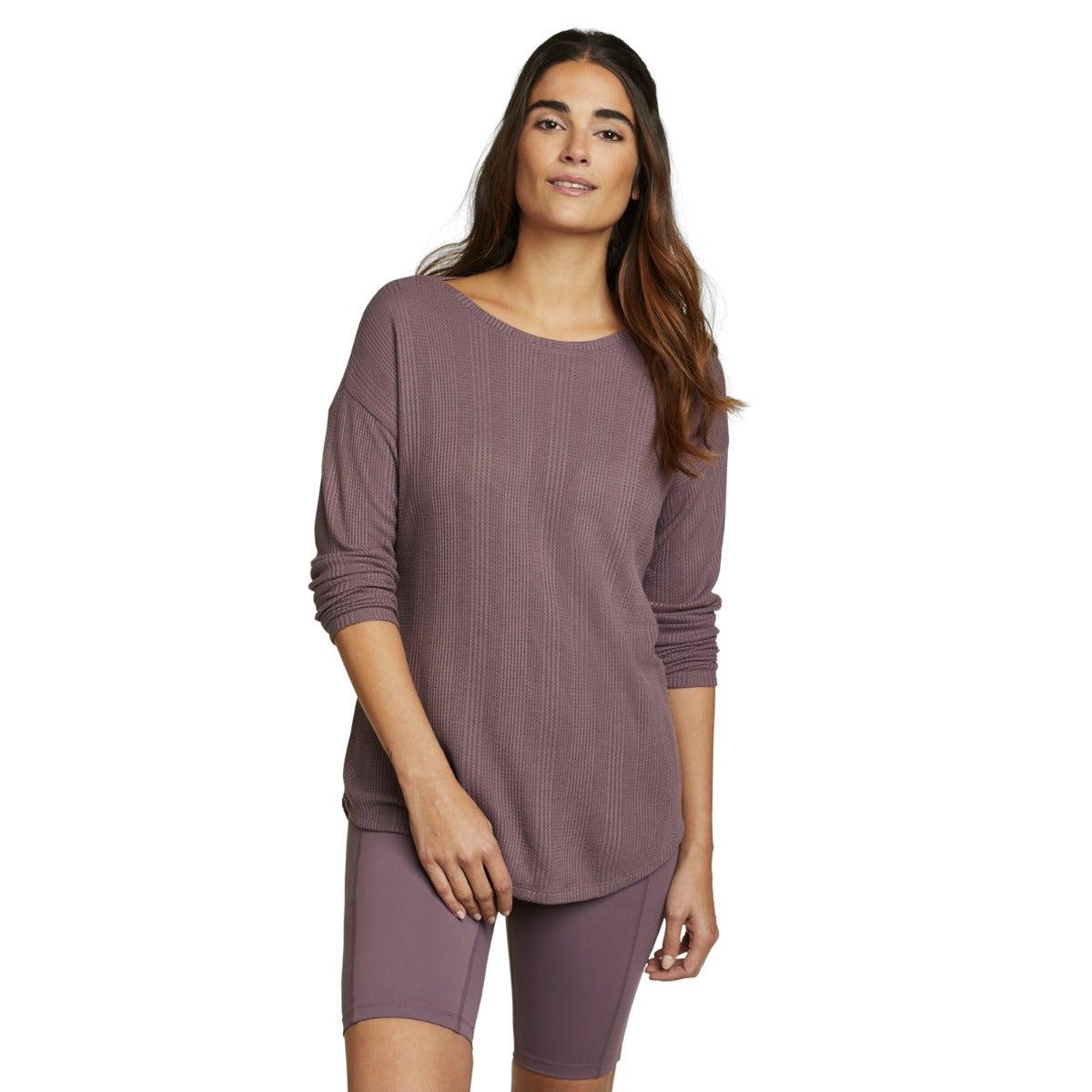 Dusty Violet - Front - Eddie Bauer Womens-Ladies Mountain Town Textured Shirred Long-Sleeved T-Shirt