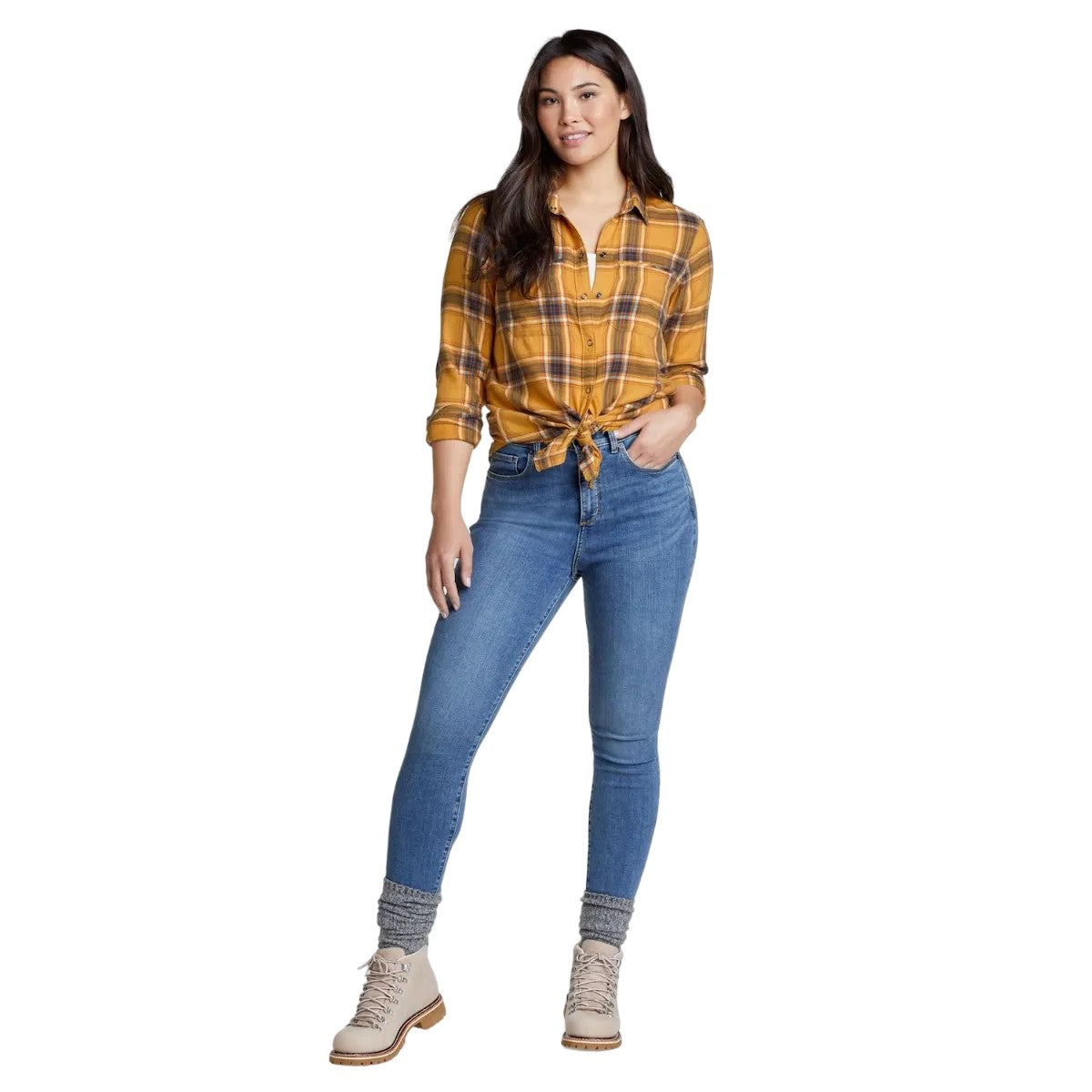 Gold Dust - Side - Eddie Bauer Womens-Ladies Fremont Flannel Frayed Edge Long-Sleeved Shirt