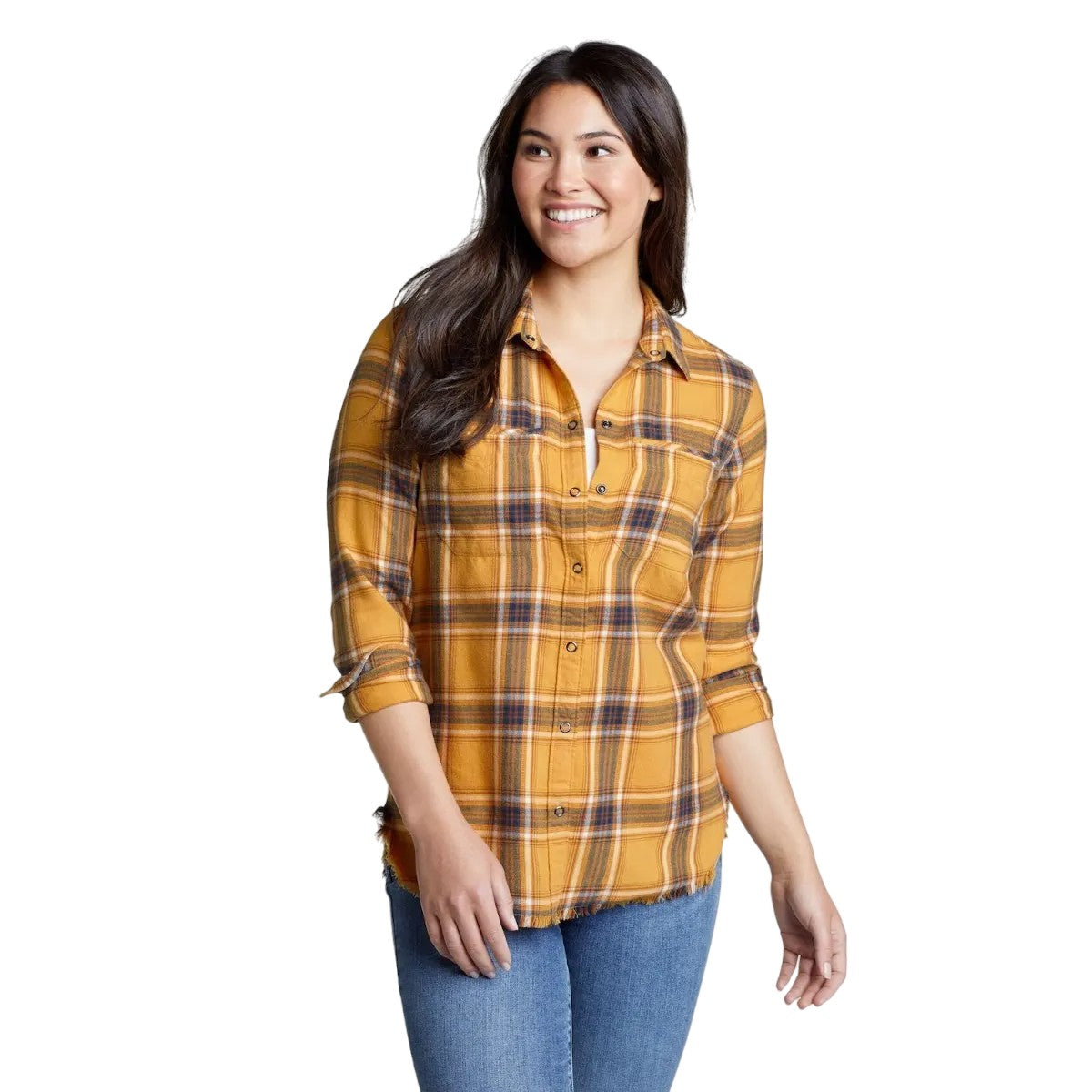 Gold Dust - Front - Eddie Bauer Womens-Ladies Fremont Flannel Frayed Edge Long-Sleeved Shirt