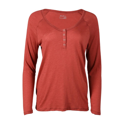 Maroon - Front - Eddie Bauer Womens-Ladies Gate Check Novelty Henley Long-Sleeved T-Shirt