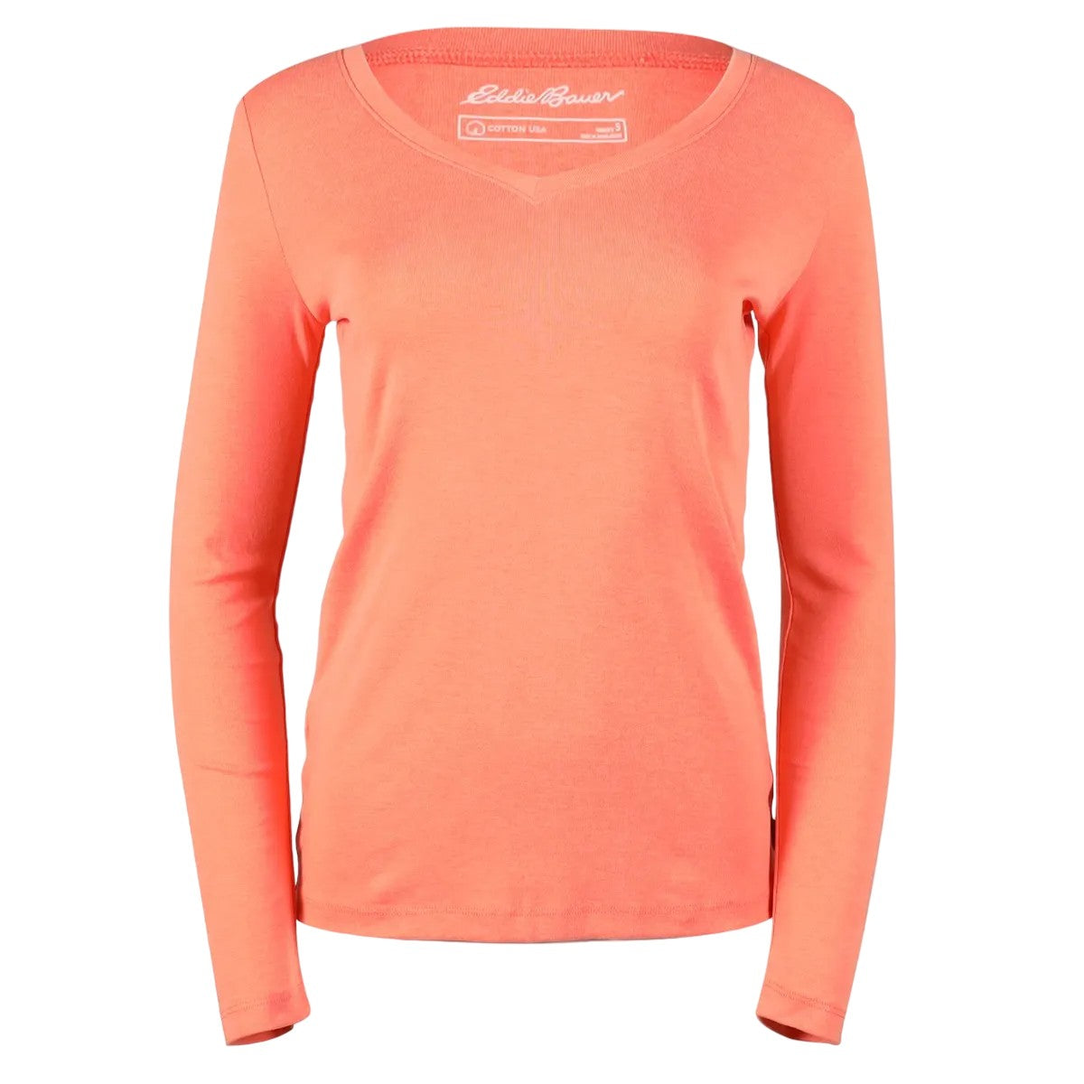 Dusty Coral - Front - Eddie Bauer Womens-Ladies Favorite V Neck Long-Sleeved T-Shirt