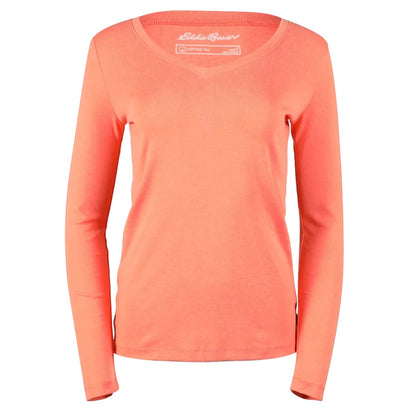 Dusty Coral - Front - Eddie Bauer Womens-Ladies Favorite V Neck Long-Sleeved T-Shirt