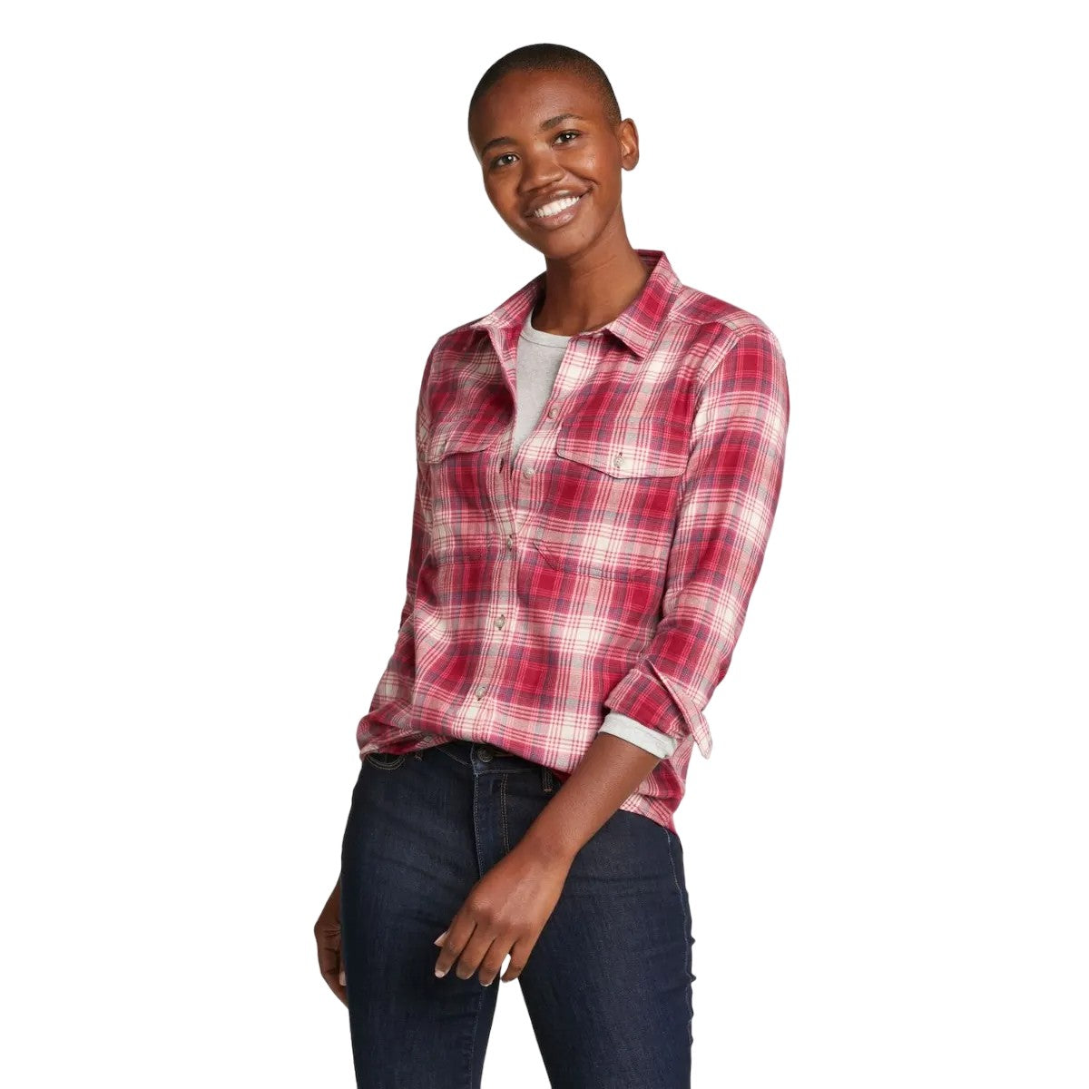 Cardinal - Front - Eddie Bauer Womens-Ladies Fremont Multi Check Flannel Flap Pocket Shirt