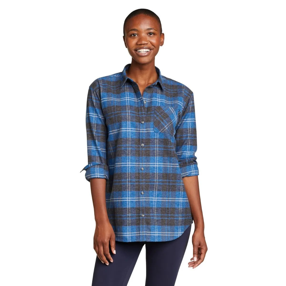 Blue - Side - Eddie Bauer Womens-Ladies Checked Flannel Shirt