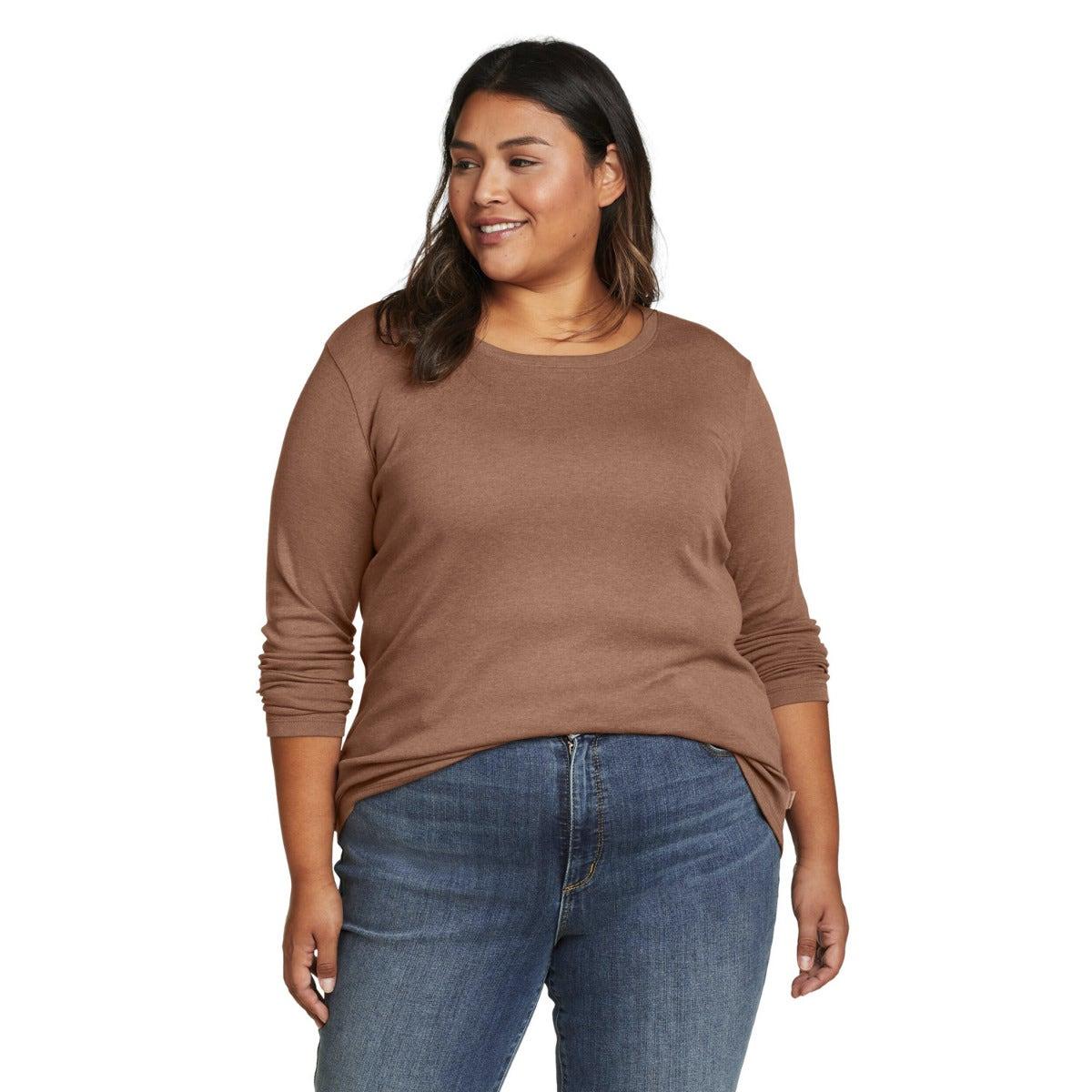 Antique Brown - Front - Eddie Bauer Womens-Ladies Favorite Crew Neck Long-Sleeved T-Shirt