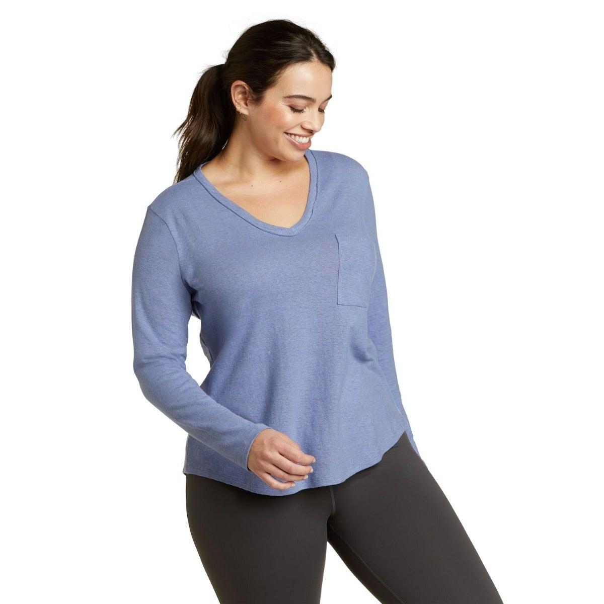 Dusty Blue - Front - Eddie Bauer Womens-Ladies Hemplify V Neck Long-Sleeved T-Shirt
