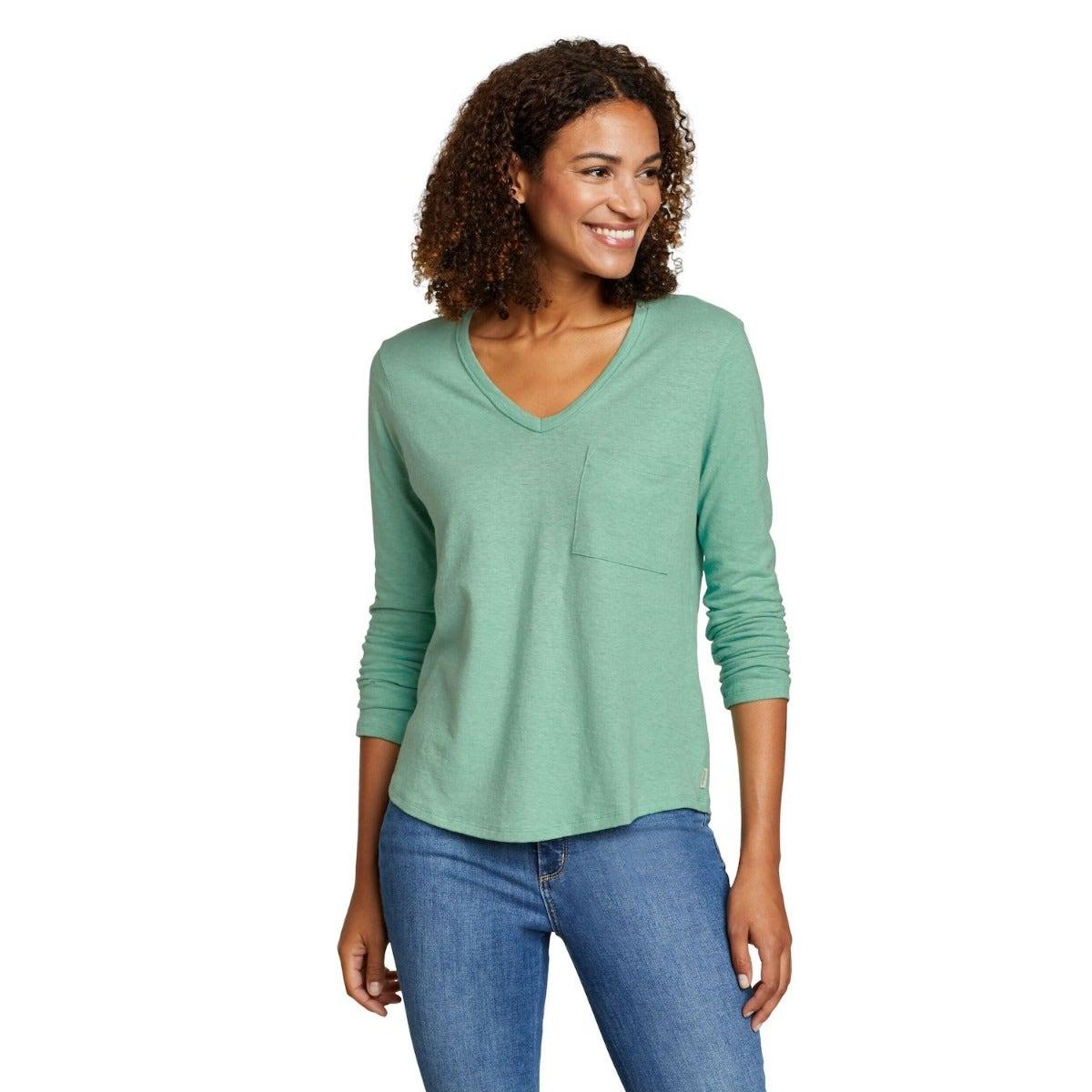 Seaglass - Front - Eddie Bauer Womens-Ladies Hemplify V Neck Long-Sleeved T-Shirt