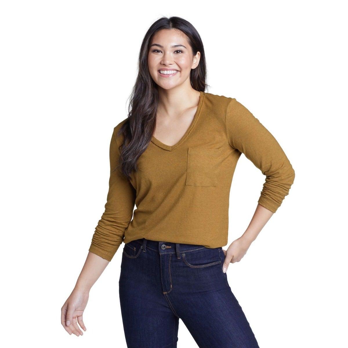 Bronze - Front - Eddie Bauer Womens-Ladies Hemplify V Neck Long-Sleeved T-Shirt
