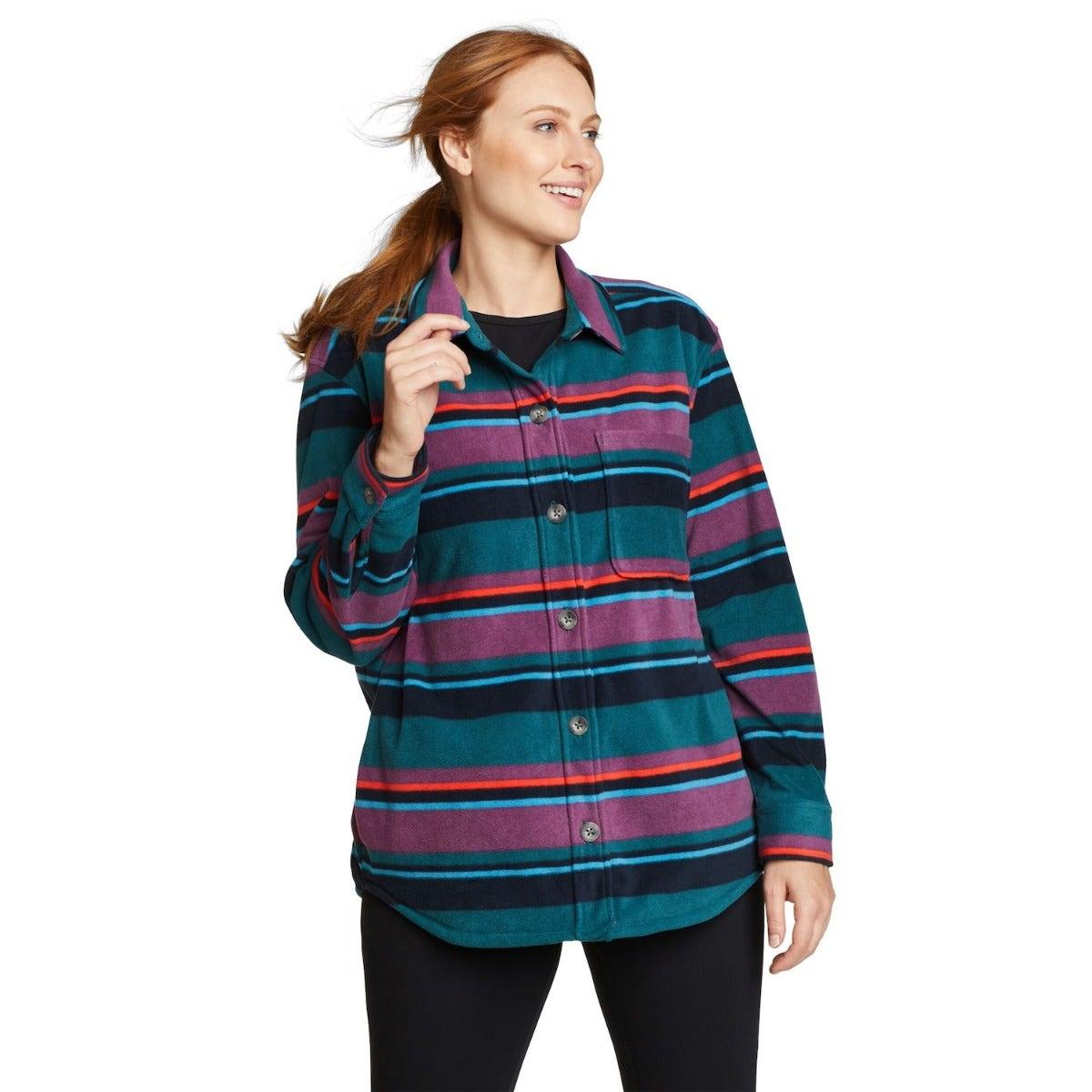 Dark Teal - Front - Eddie Bauer Womens-Ladies Chutes 2 Contrast Striped Fleece Shirt Jacket
