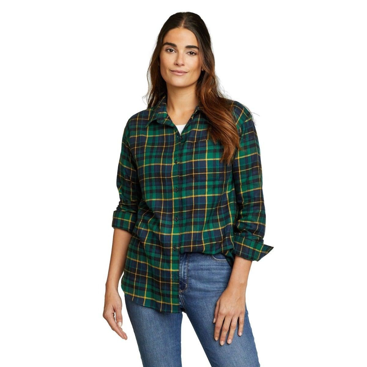 Mineral Green - Front - Eddie Bauer Womens-Ladies Checked Flannel Boyfriend Shirt