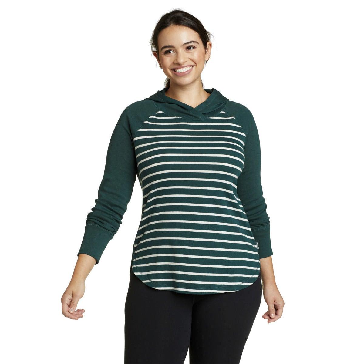 Dark Ivy - Front - Eddie Bauer Womens-Ladies Favorite Stripe Long-Sleeved Hoodie