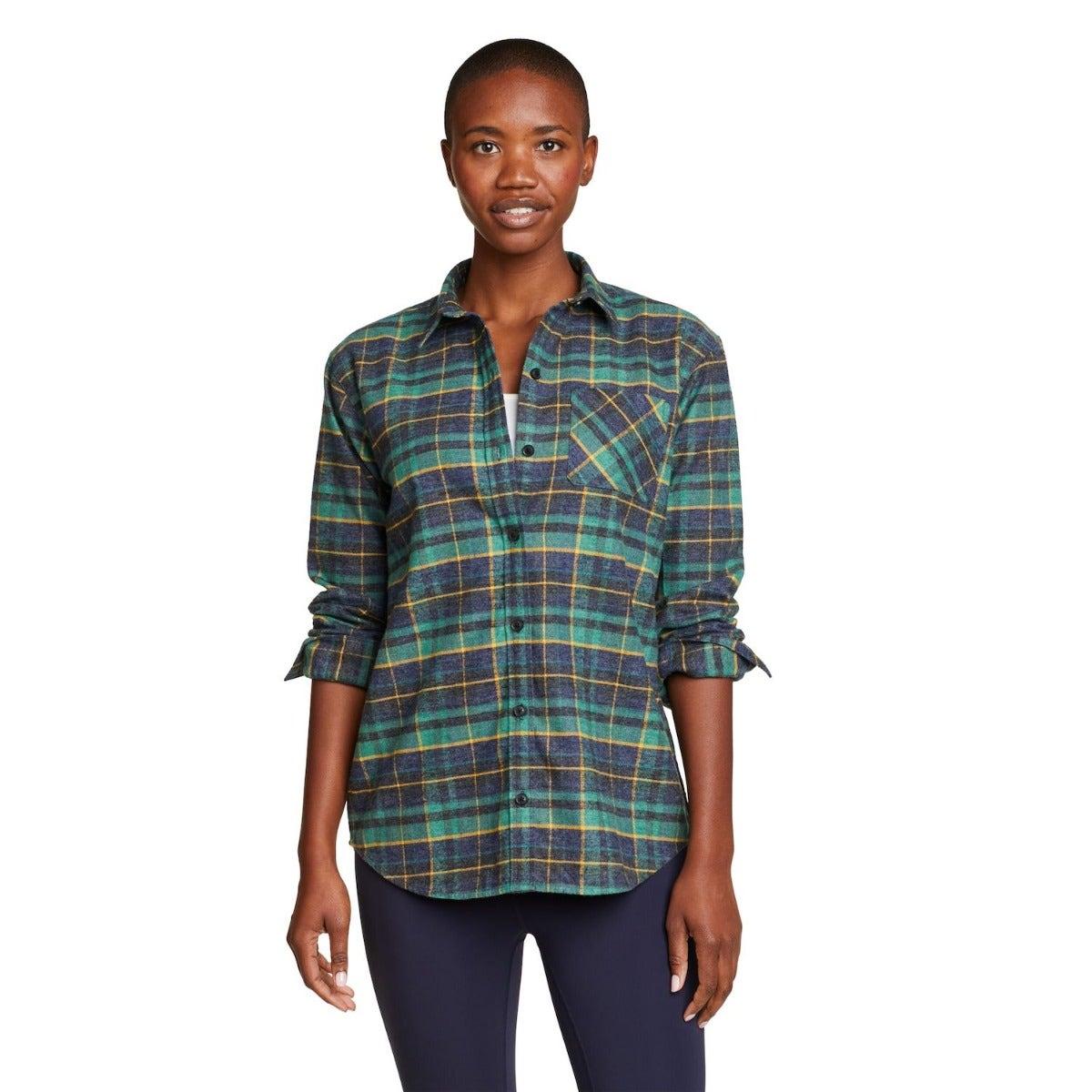 Mineral Green - Front - Eddie Bauer Womens-Ladies Hemplify Checked Flannel Shirt