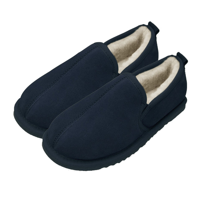 Navy - Back - Eastern Counties Leather Mens Sheepskin Lined Soft Suede Sole Slippers
