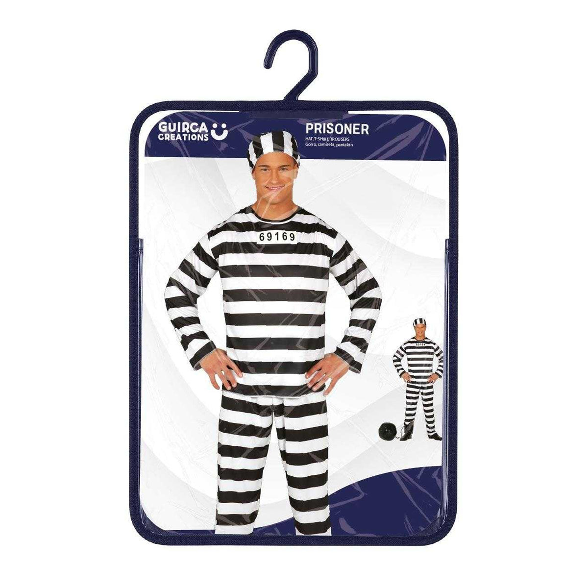 Black-White - Pack Shot - Fiestas Guirca Mens Convict Stripes Costume Set