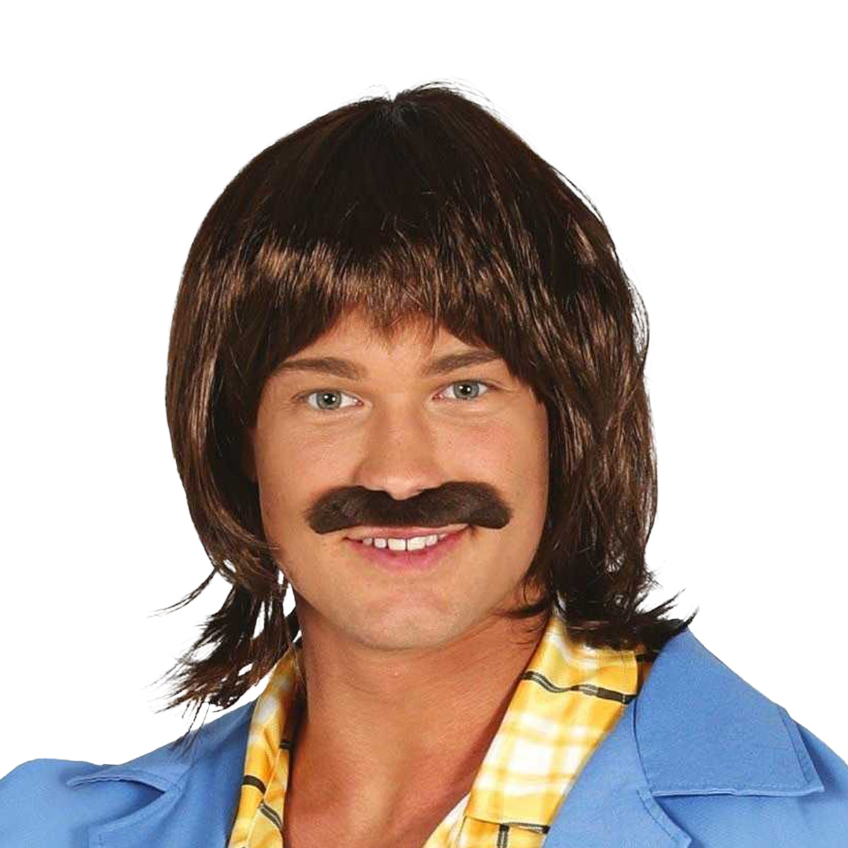 Brown - Front - Fiestas Guirca 70´s Wig & Moustache