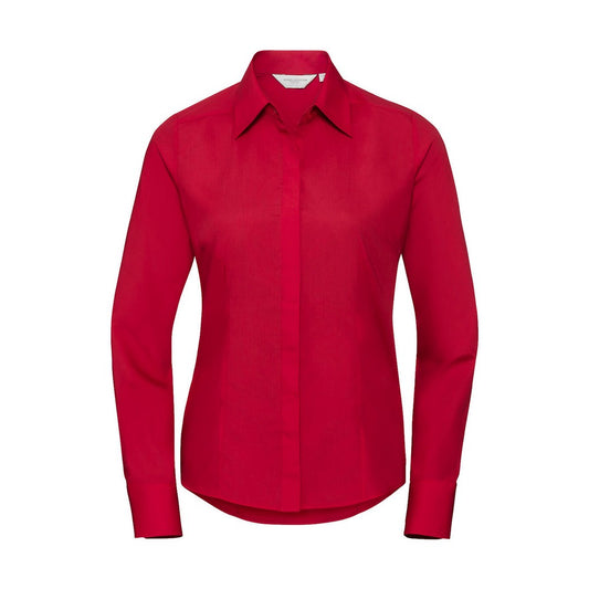 Classic Red - Front - Russell Collection Womens-Ladies Poplin Fitted Long-Sleeved Shirt