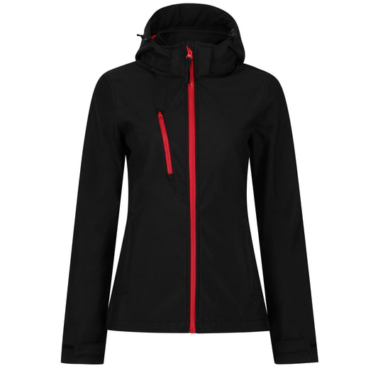 Black-Red - Front - Regatta Womens-Ladies Venturer 3 Layer Hooded Soft Shell Jacket