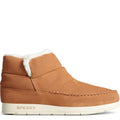 Tan - Close up - Sperry Womens-Ladies Moc-Sider Bootie Suede Shoes