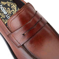 Tan - Close up - Base London Mens Danbury Penny Burnished Leather Loafers