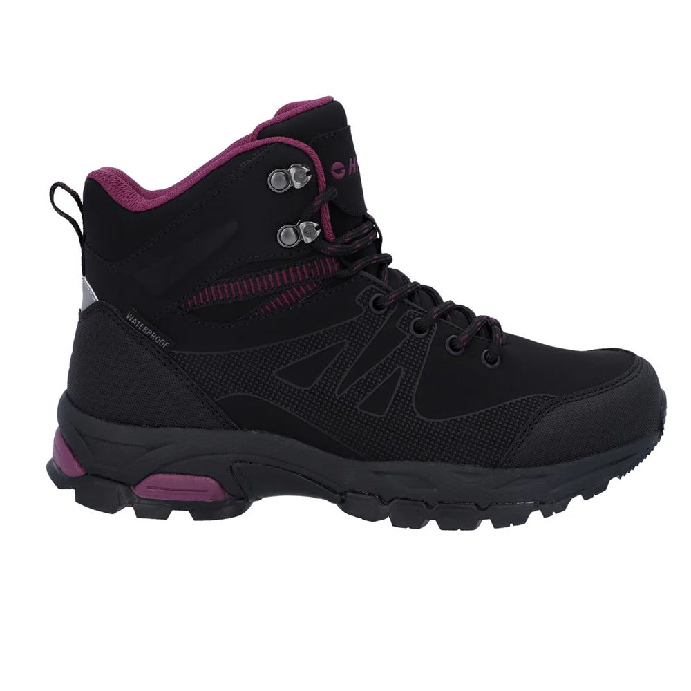 Black-Burgundy - Side - Hi-Tec Womens-Ladies Jackdaw Waterproof Mid Cut Boots