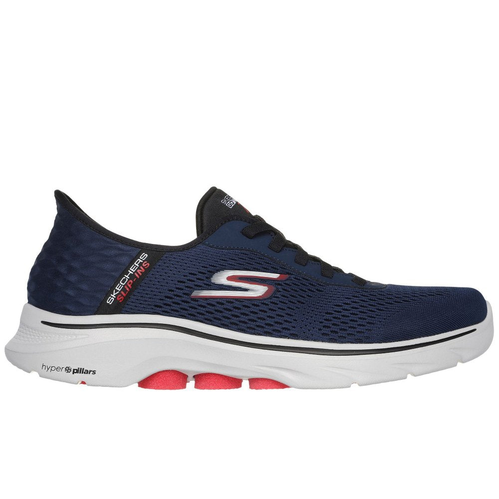 Navy-Red - Side - Skechers Mens Go Walk 7 - Free Hand Trainers