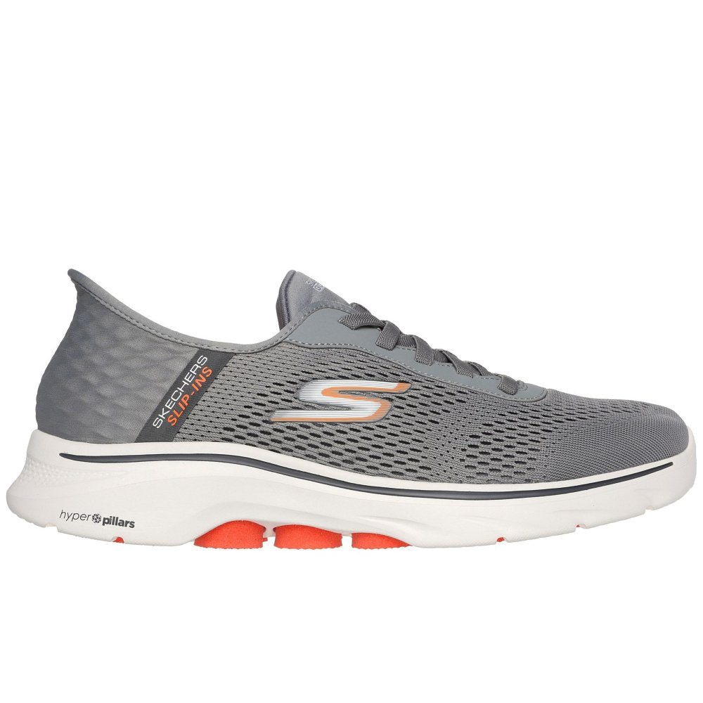 Grey-Orange - Side - Skechers Mens Go Walk 7 - Free Hand Trainers