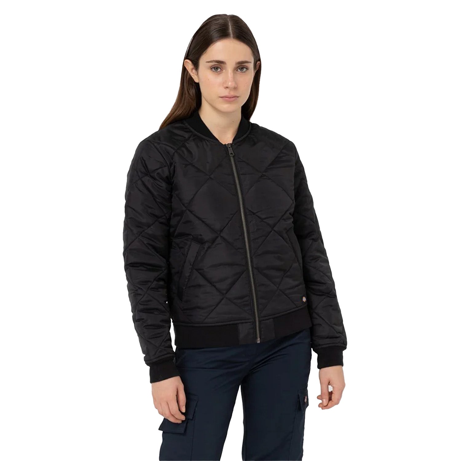 Black - Side - Dickies Womens-Ladies Quilted Bomber Jacket