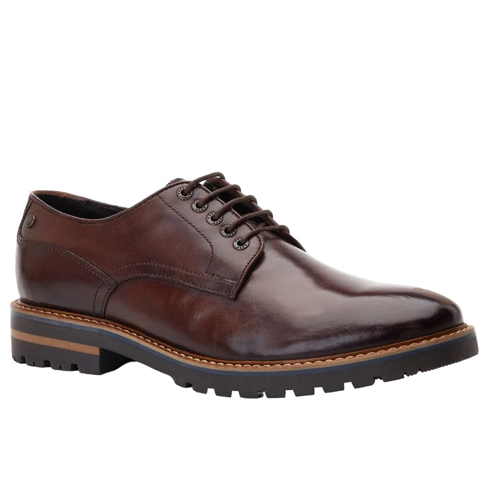 Dark Brown - Front - Base London Mens Halsey Washed Leather Derby Shoes