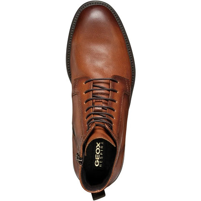 Cognac - Side - Geox Mens Tiberio Patent Leather Ankle Lace Up Boots