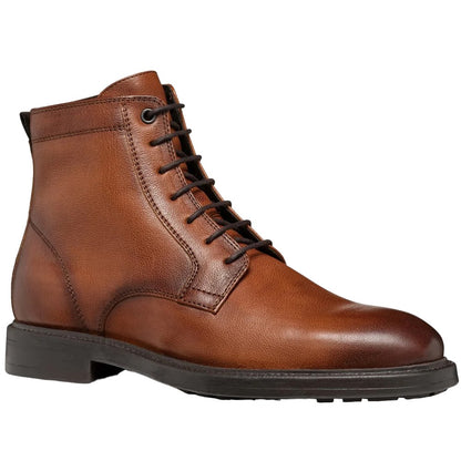 Cognac - Front - Geox Mens Tiberio Patent Leather Ankle Lace Up Boots
