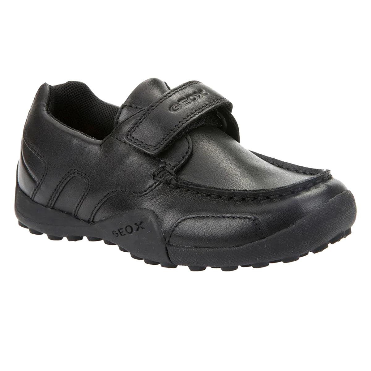 Black - Front - Geox Boys Snake loafer Patent Leather Moccasin School Shoes